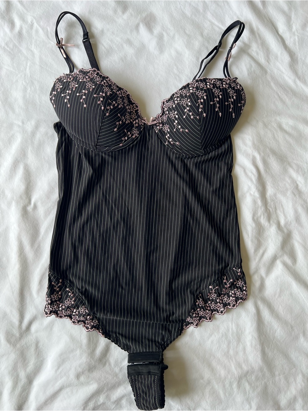 Black Pinstripe Bodysuit with Pink Floral Lace Accents